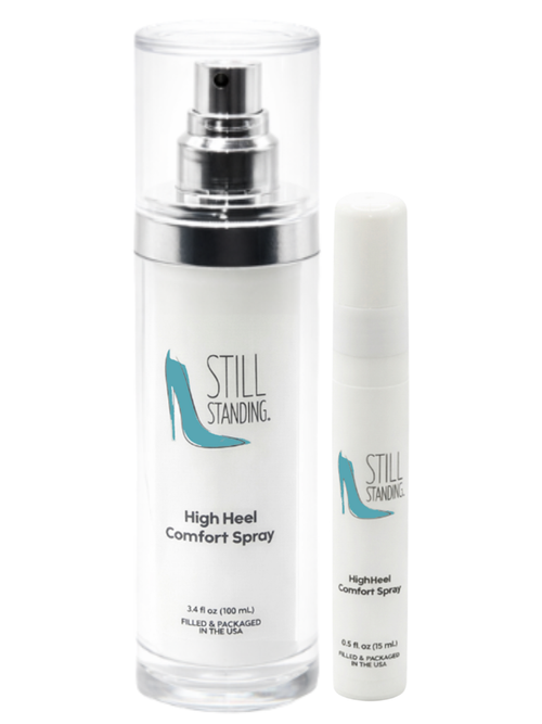 Still Standing® Spray - Comfort Set was designed to give the convenience of the first spray with our large TSA-friendly sized bottle, to then bring the mini along for touchups as needed. The mini is the perfect on-the-go pocket or clutch size.  This spray is for those wearing high heels/stilettos. Foot pain prevention.